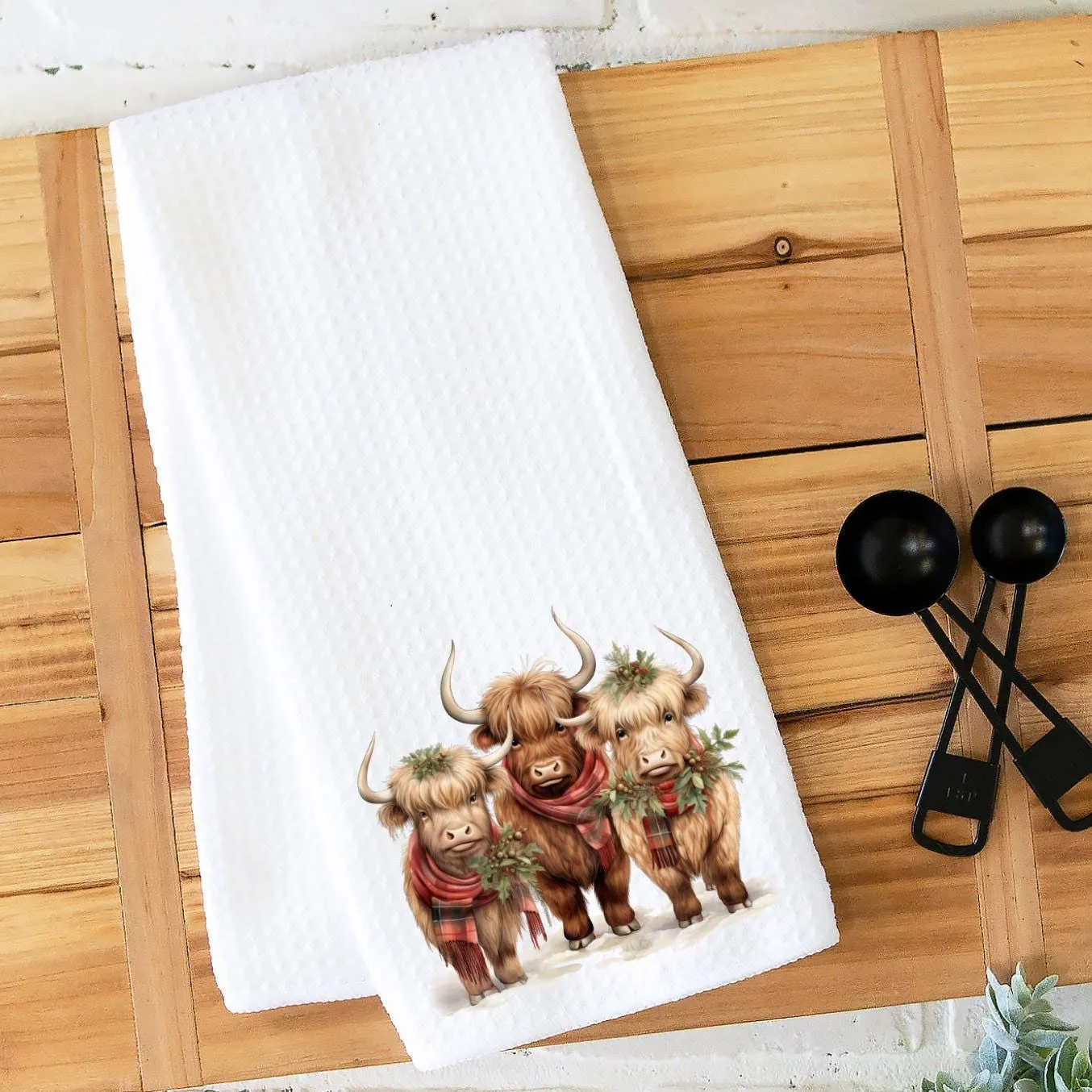 Highland Cow Holiday Waffle Knit Ranch Farmhouse Kitchen Towel