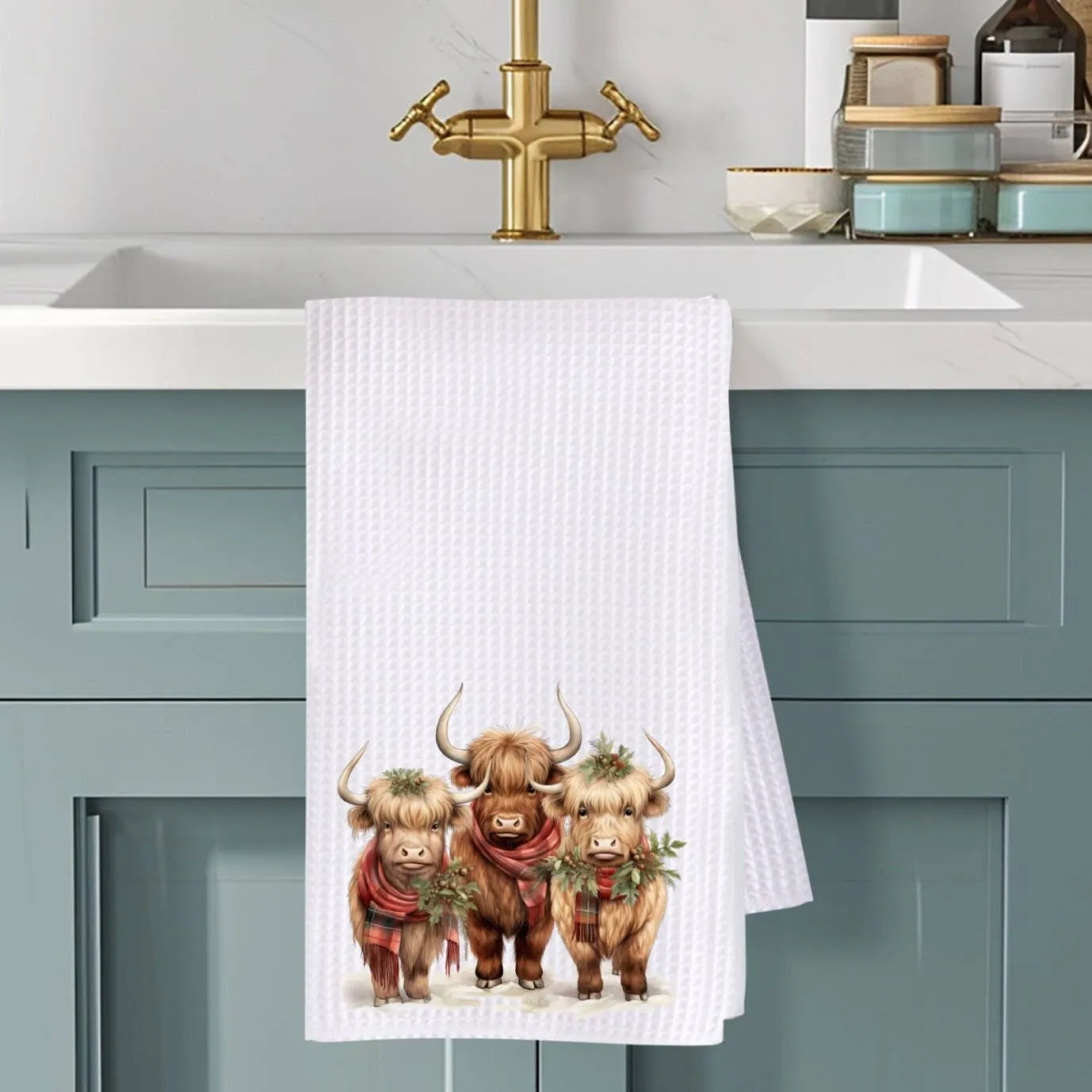 Highland Cow Holiday Waffle Knit Ranch Farmhouse Kitchen Towel