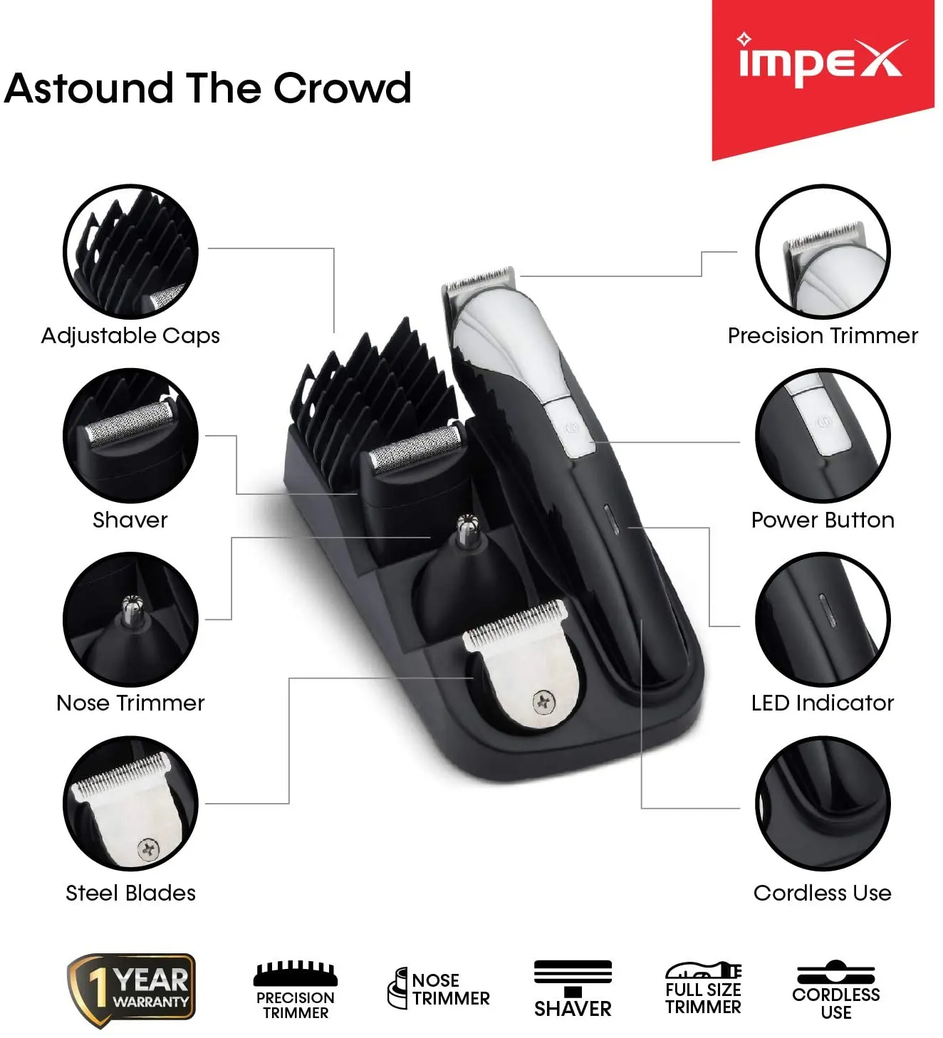 Impex GK 401 8-in-1 Professional Multi grooming and Trimmer Kit nose trimmer Cordless with USB Charging 60 Mins Run Time