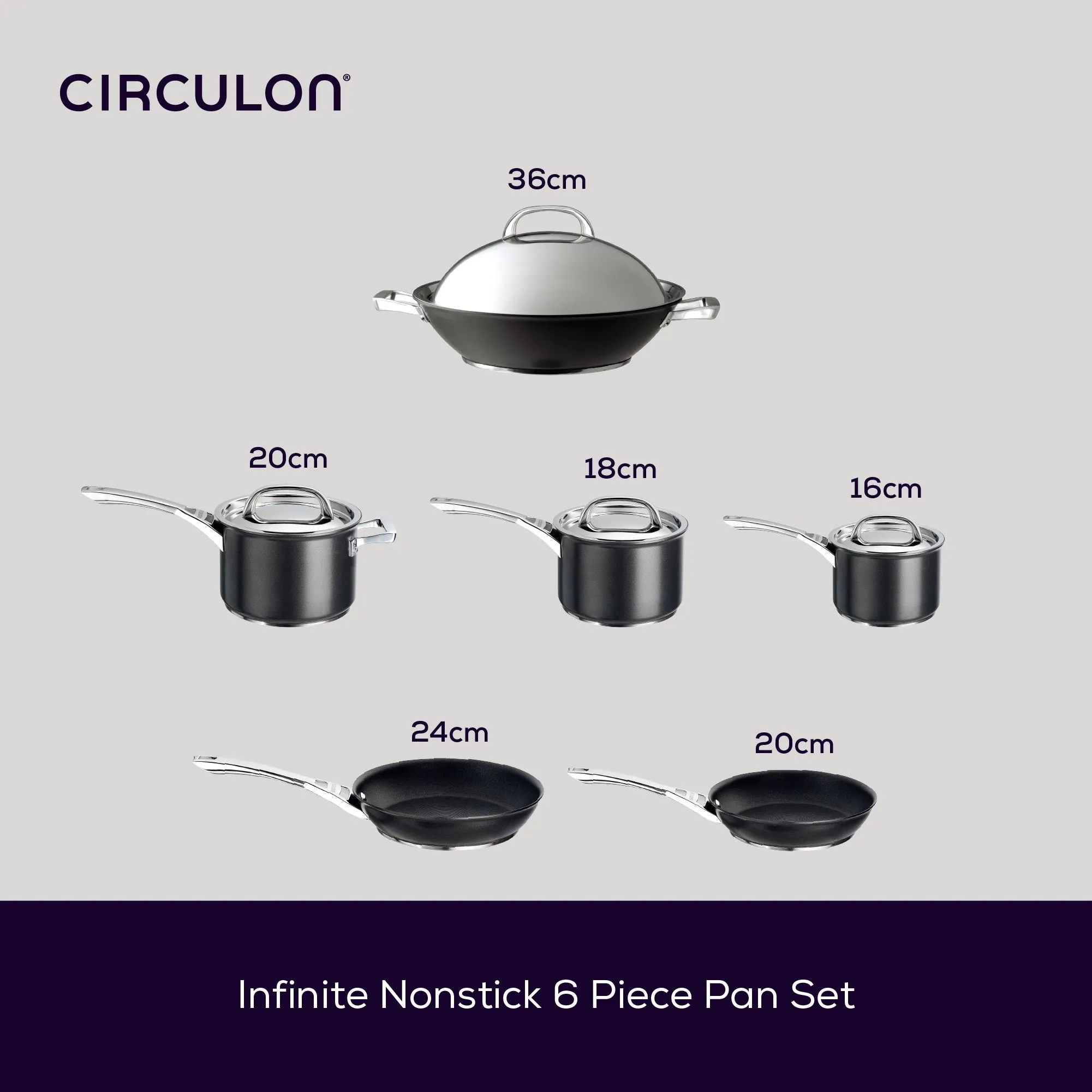 Infinite Non-Stick Induction Skillet, Saucepan & Wok Pan Set - 6 Pieces