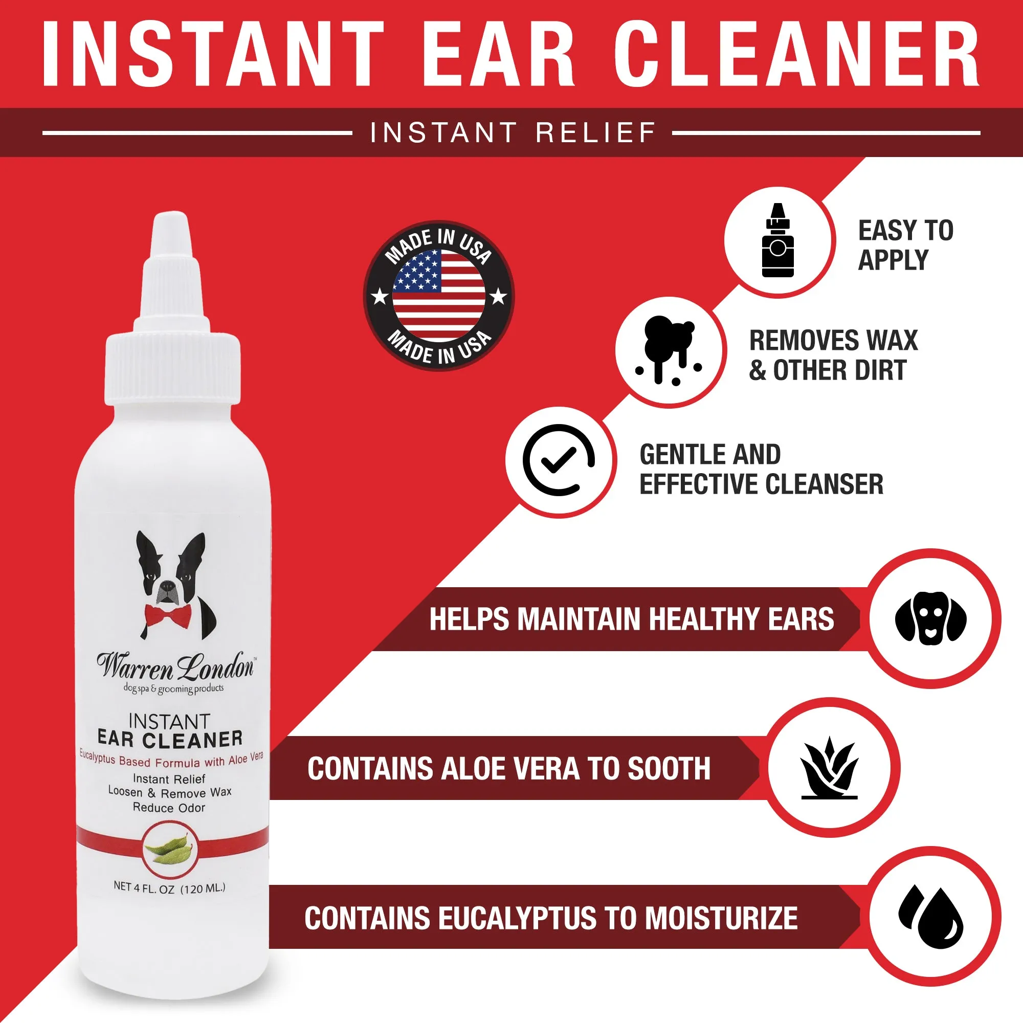 Instant Ear Cleaner For Dogs 4 oz or 12 oz - Removes Wax and Odor