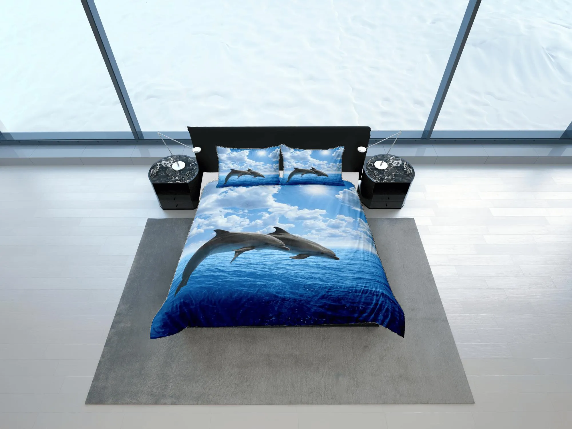 Jumping dolphins bedding blue duvet cover, ocean blush decor bottle nose dolphin bedding set full king queen twin, college dorm bedding gift