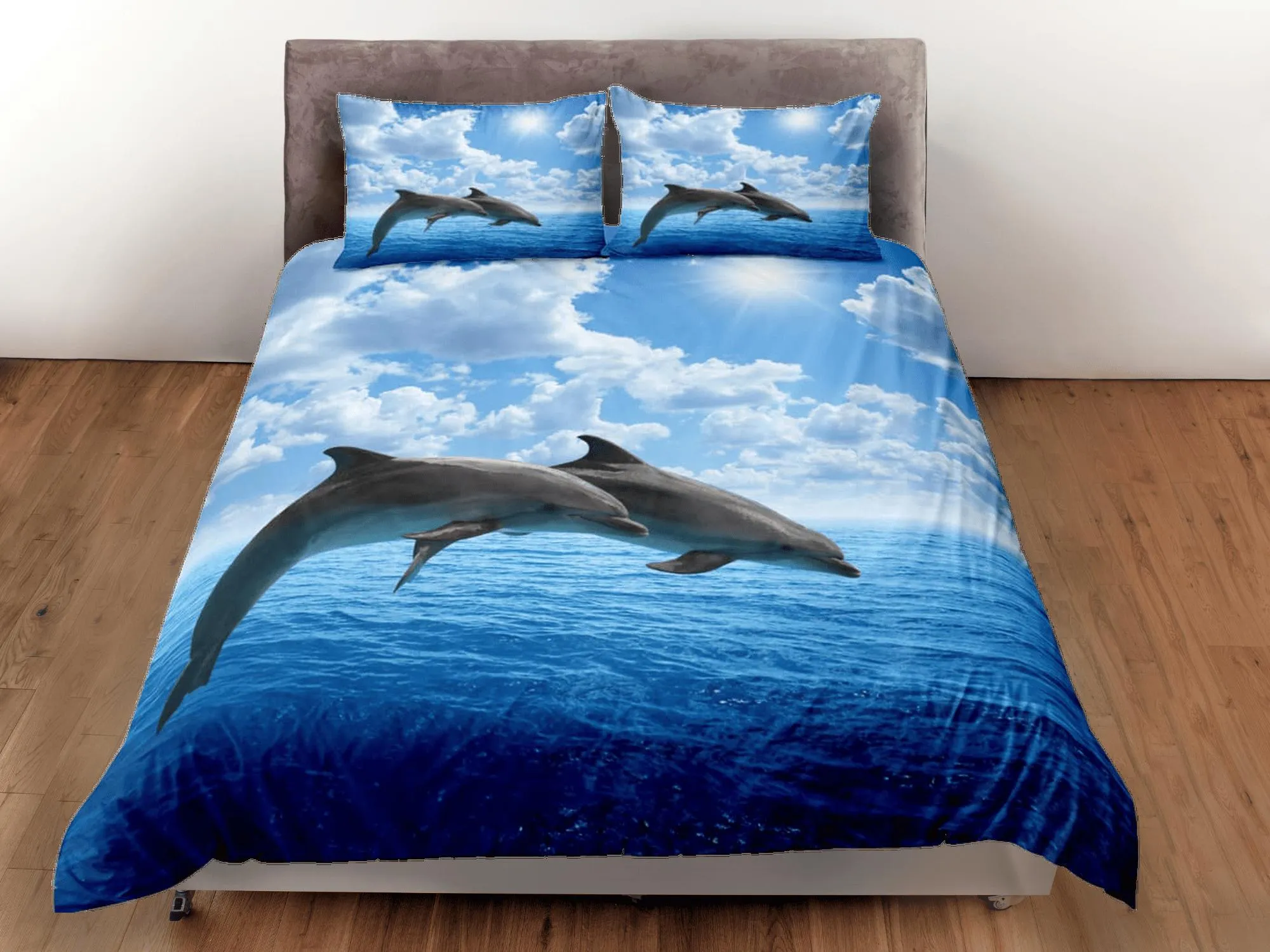 Jumping dolphins bedding blue duvet cover, ocean blush decor bottle nose dolphin bedding set full king queen twin, college dorm bedding gift