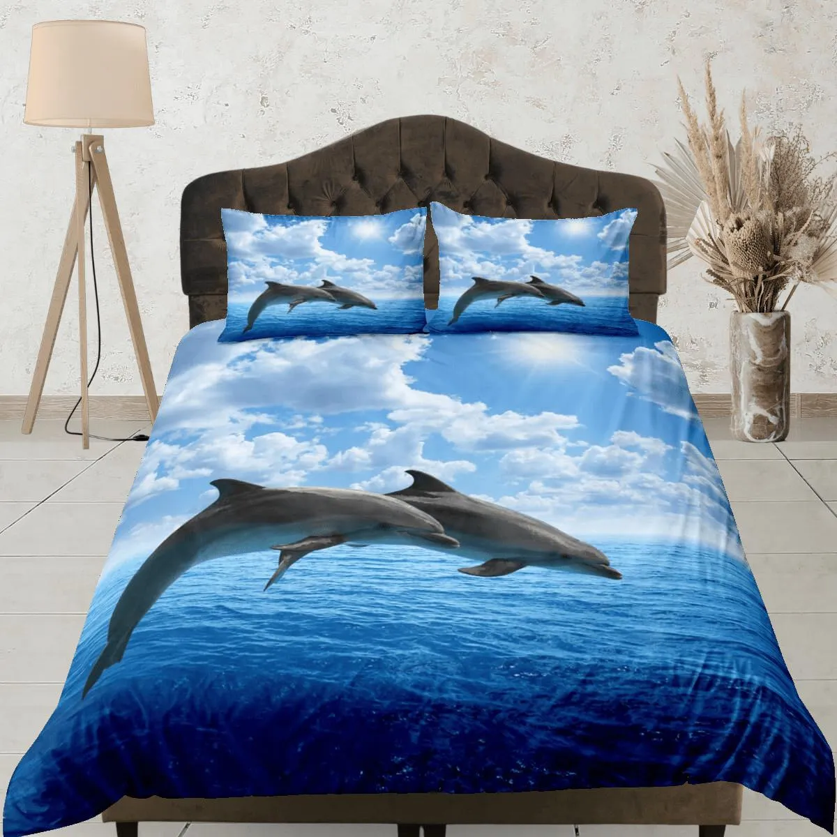 Jumping dolphins bedding blue duvet cover, ocean blush decor bottle nose dolphin bedding set full king queen twin, college dorm bedding gift