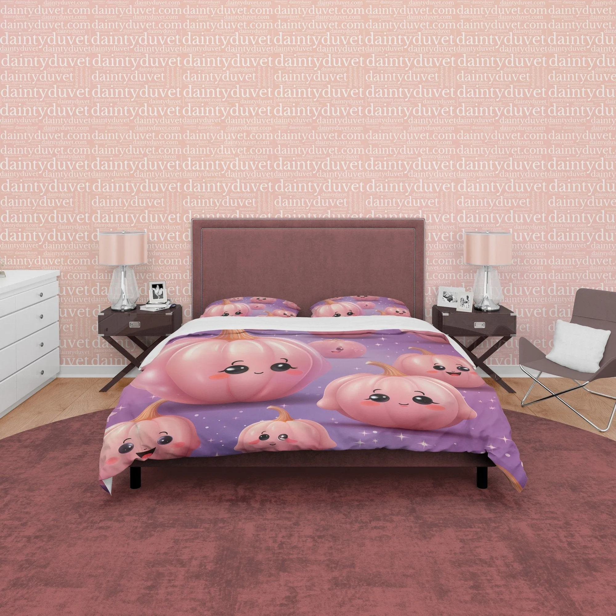 Kawaii Pink Pumpkin Purple Duvet Cover Set for Teens, Kids Bedroom, Cute Bedspread, Toddler Bedding, US, UK, European, Australian Bed Size