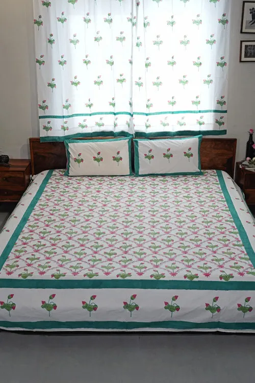 Lotus Dreams Hand Block Printed Cotton Percale Bedsheet