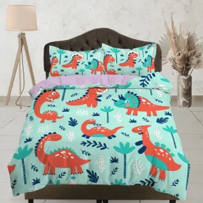 Mint green dinosaur bedding, kids bedding full, cute duvet cover set, dinosaur nursery bed decor, colorful bedding, baby dinosaur, toddler