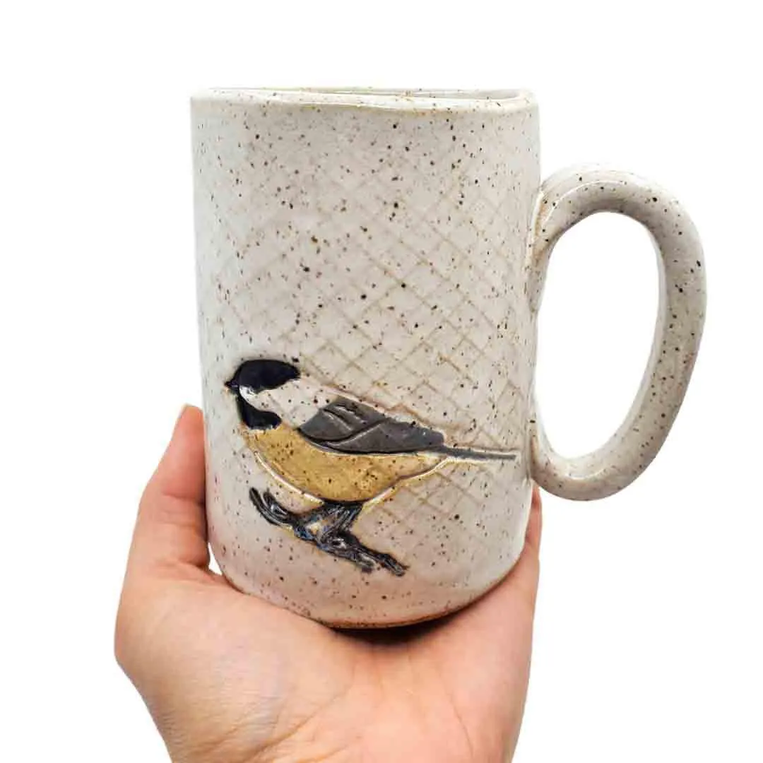 Mug - 16oz - Chickadee Patterned Ceramic Mug  by White Squirrel Clayworks