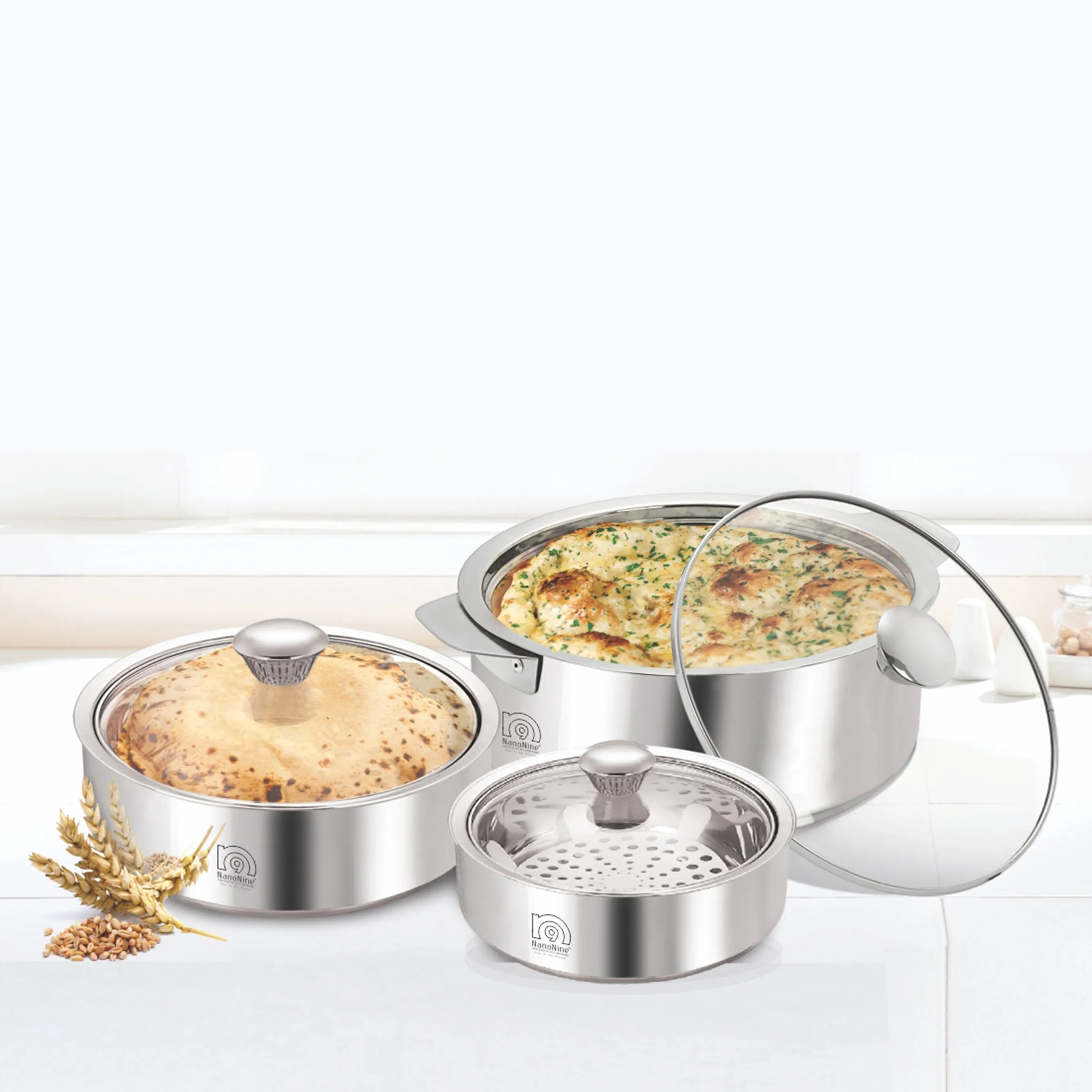 NanoNine Roti Saver 800 ml   1.25 L   2.55 L Double Wall Insulated Stainless Steel Serve Fresh Chapati Pot with Glass Lid.