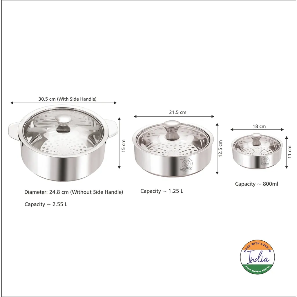 NanoNine Roti Saver 800 ml   1.25 L   2.55 L Double Wall Insulated Stainless Steel Serve Fresh Chapati Pot with Glass Lid.