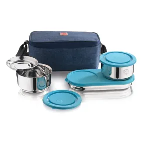 NanoNine Tiffiny Prime Plus Chapati Combo (340ml x 2 with Chapati Box, 475 ml x 1) Double Wall Insulated Stainless Steel Lunch Box, and Insulated Bag, Navy Blue