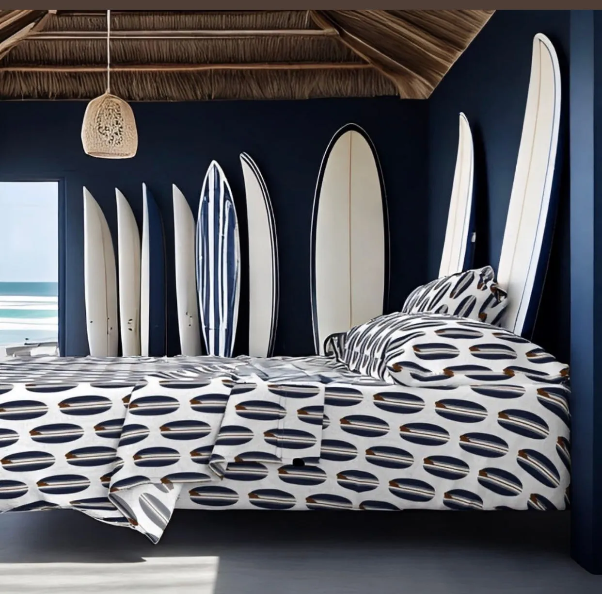 Navy Blue and Brown Classic Surfboards Sheet Set from Surfer Bedding™️ Medium Scale