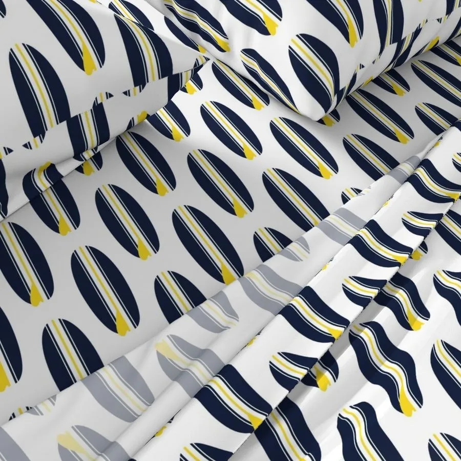 Navy Blue, White and Yellow Classic Surfboards Sheet Set from Surfer Bedding™️ Medium Scale