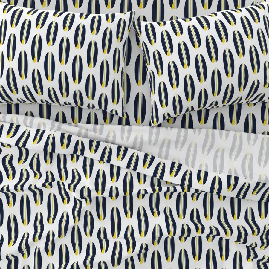 Navy Blue, White and Yellow Classic Surfboards Sheet Set from Surfer Bedding™️ Medium Scale