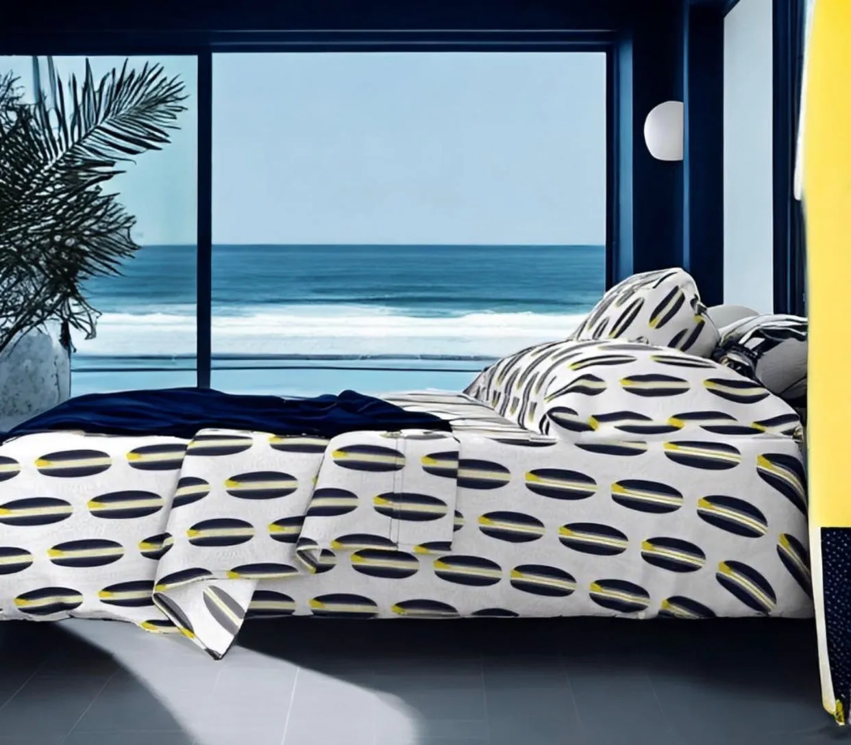 Navy Blue, White and Yellow Classic Surfboards Sheet Set from Surfer Bedding™️ Medium Scale