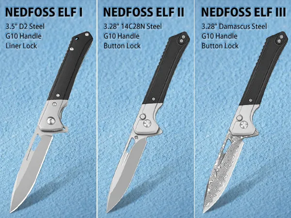 NedFoss ELF II Pocket Knife, 3.28" 14C28N Blade Button Lock EDC Knife with G10 Handle, Flipper Open, Deep Carry Pocket Clip, Lightweight Slim Utility Folding Knives for Men Women