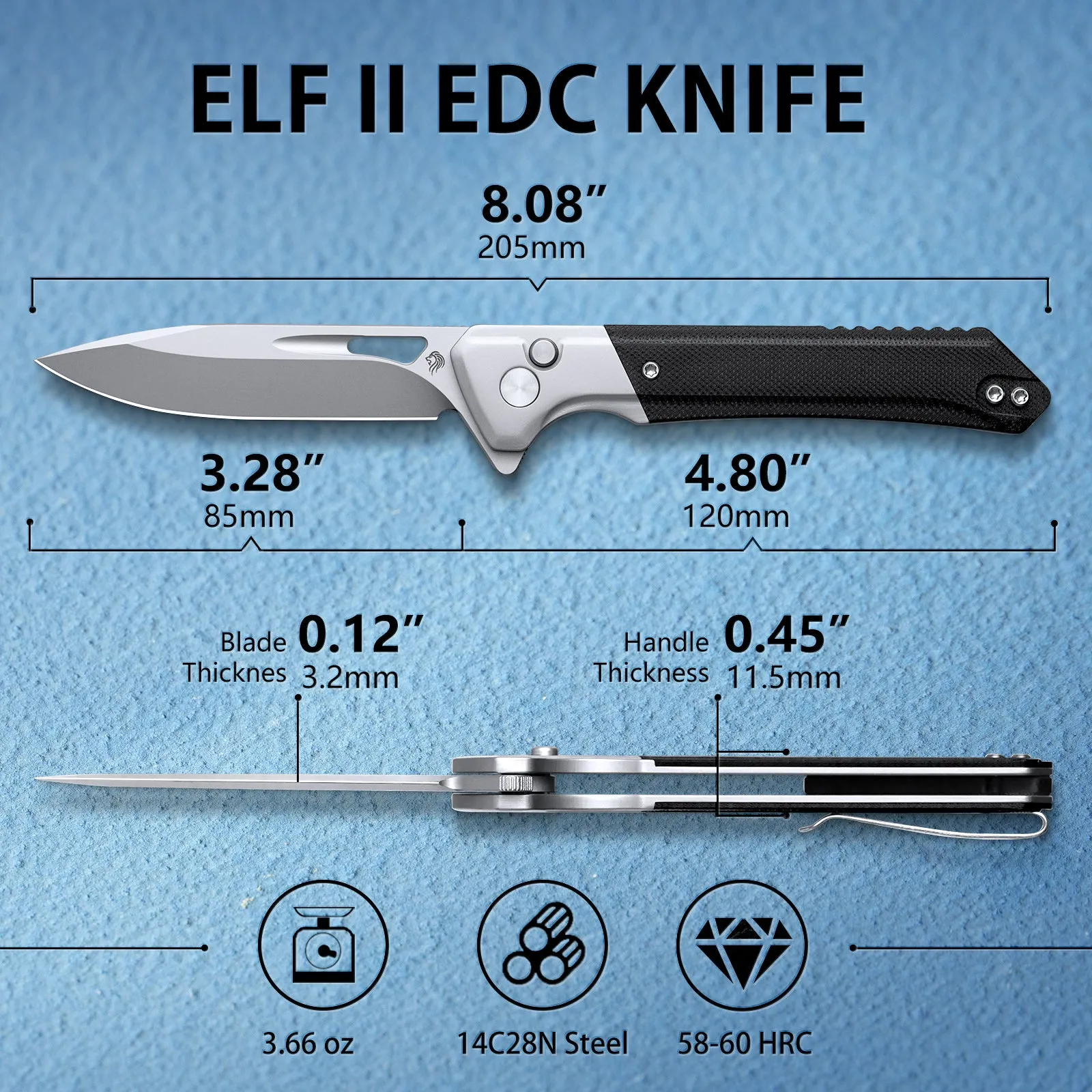 NedFoss ELF II Pocket Knife, 3.28" 14C28N Blade Button Lock EDC Knife with G10 Handle, Flipper Open, Deep Carry Pocket Clip, Lightweight Slim Utility Folding Knives for Men Women