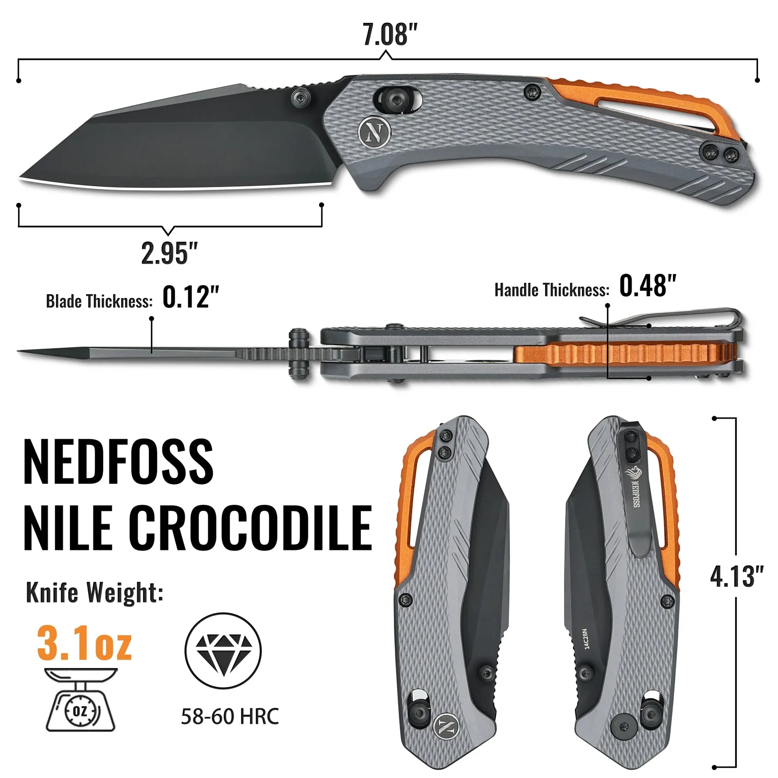 NedFoss NILE CROCODILE Pocket Knife, 2.95" 14C28N Steel Tanto Blade Axis Lock EDC Folding Knife, Lightweight Aluminum Handle, Reversible Deep Pocket Clip, Tactical Knife Gifts for Men Women(Black)