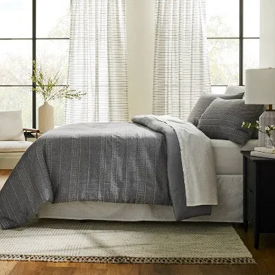 New - 3pc Full/Queen Pickstich Stripe Comforter Bedding Set Railroad Gray - Hearth &