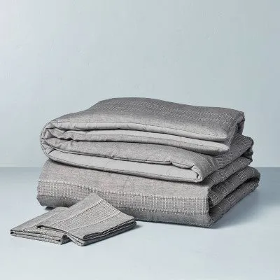 New - 3pc Full/Queen Pickstich Stripe Comforter Bedding Set Railroad Gray - Hearth &