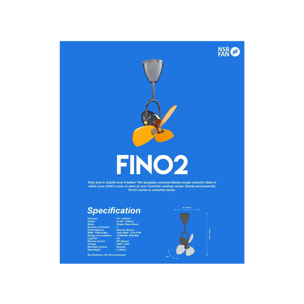 NSB FINO 2 (Variety of Colors) 16 Inch Remote Control Mini Ceiling Fan