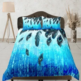 Peacock feathers decor aesthetic bedding set full, luxury duvet cover queen, king, boho duvet, designer bedding, maximalist blue bedspread