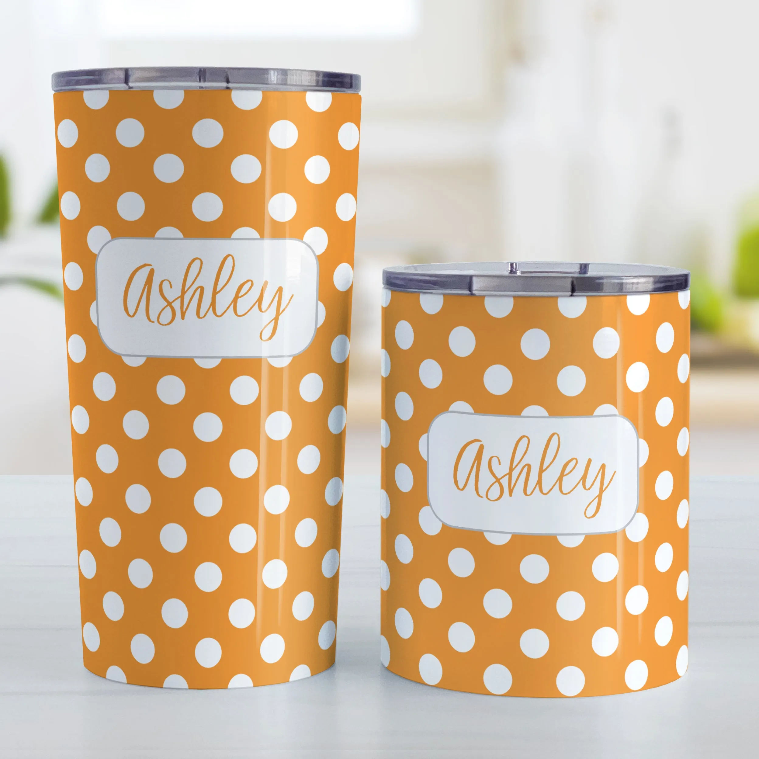 Personalized Orange Polka Dot Tumbler Cup