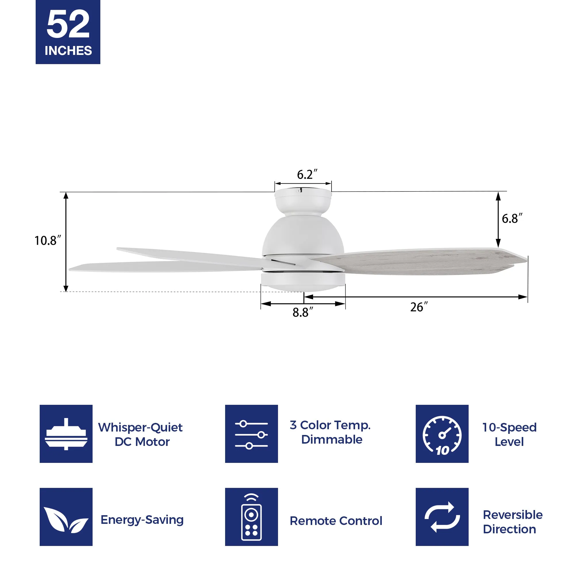 Povjeta Low Profile Ceiling Fan with LED Light and Remote 52 inch