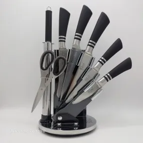 Premium Imported Knife Set with Rotatable Base - Stainless Steel Black - 8 Piece