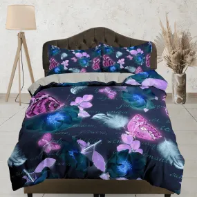 Purple pink butterfly bedding boho chic dark blue duvet cover, dorm bedding full size adult duvet king queen twin, nursery toddler bedding