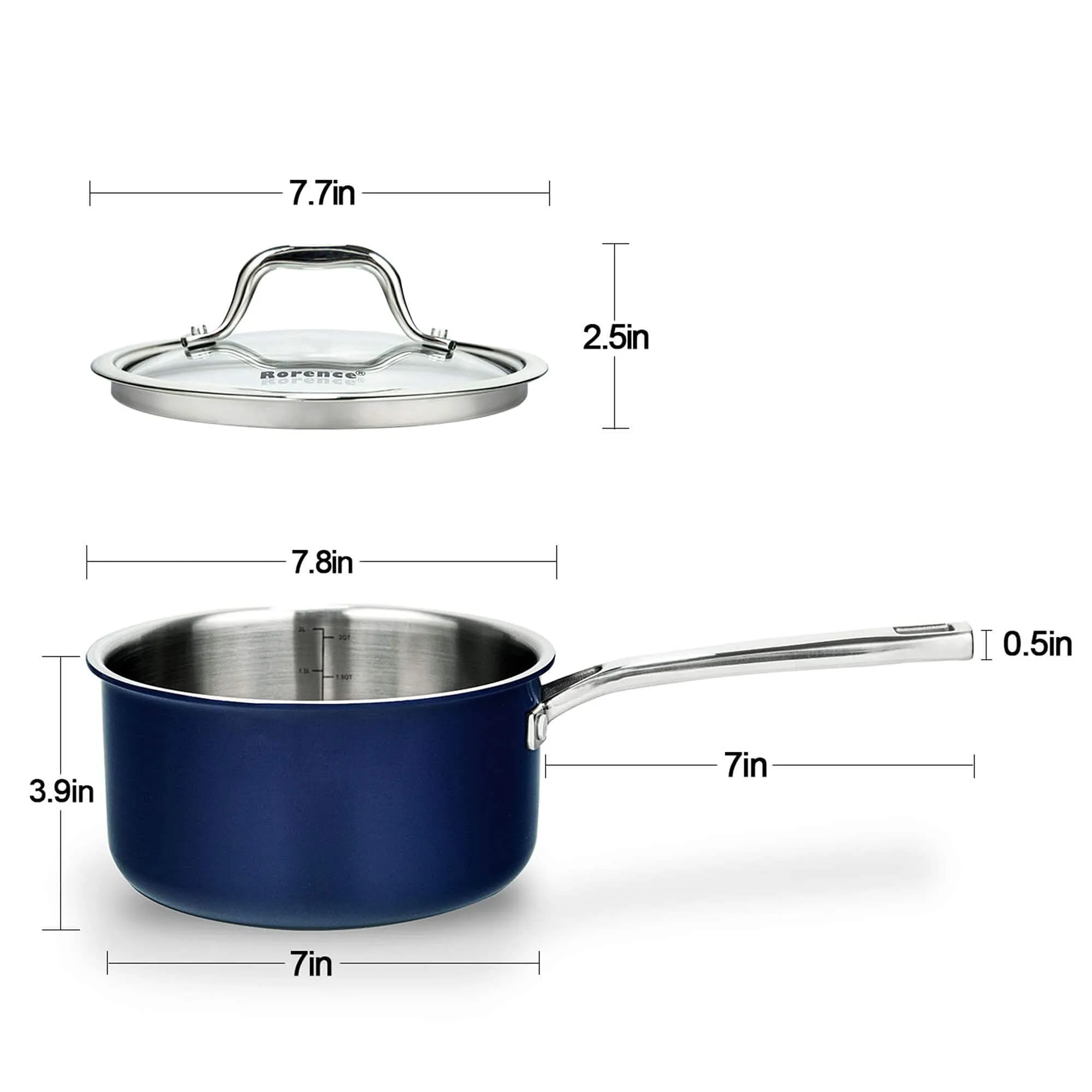 Rorence Stainless Steel Saucepan: 3-Ply Healthy Soup Pot with Glass Lid - Navy Blue - 2.5 Quart