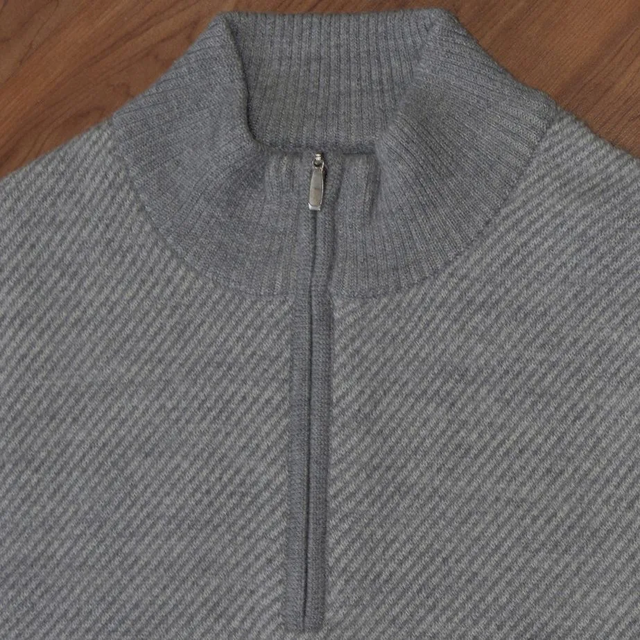 Royal Alpaca Diagonal Jacquard Half-Zip Lightweight Sweater in Silver Grey and Light Grey Heather by Peru Unlimited