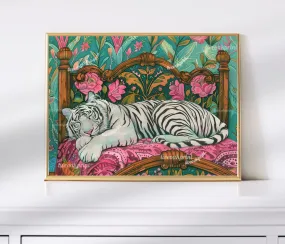 Sleepy White Tiger in a Vintage Bed - Tiger Bedroom - Maximalist Wall Art - Tiger Print - Horizontal Wall Art - Pastel Wall Art