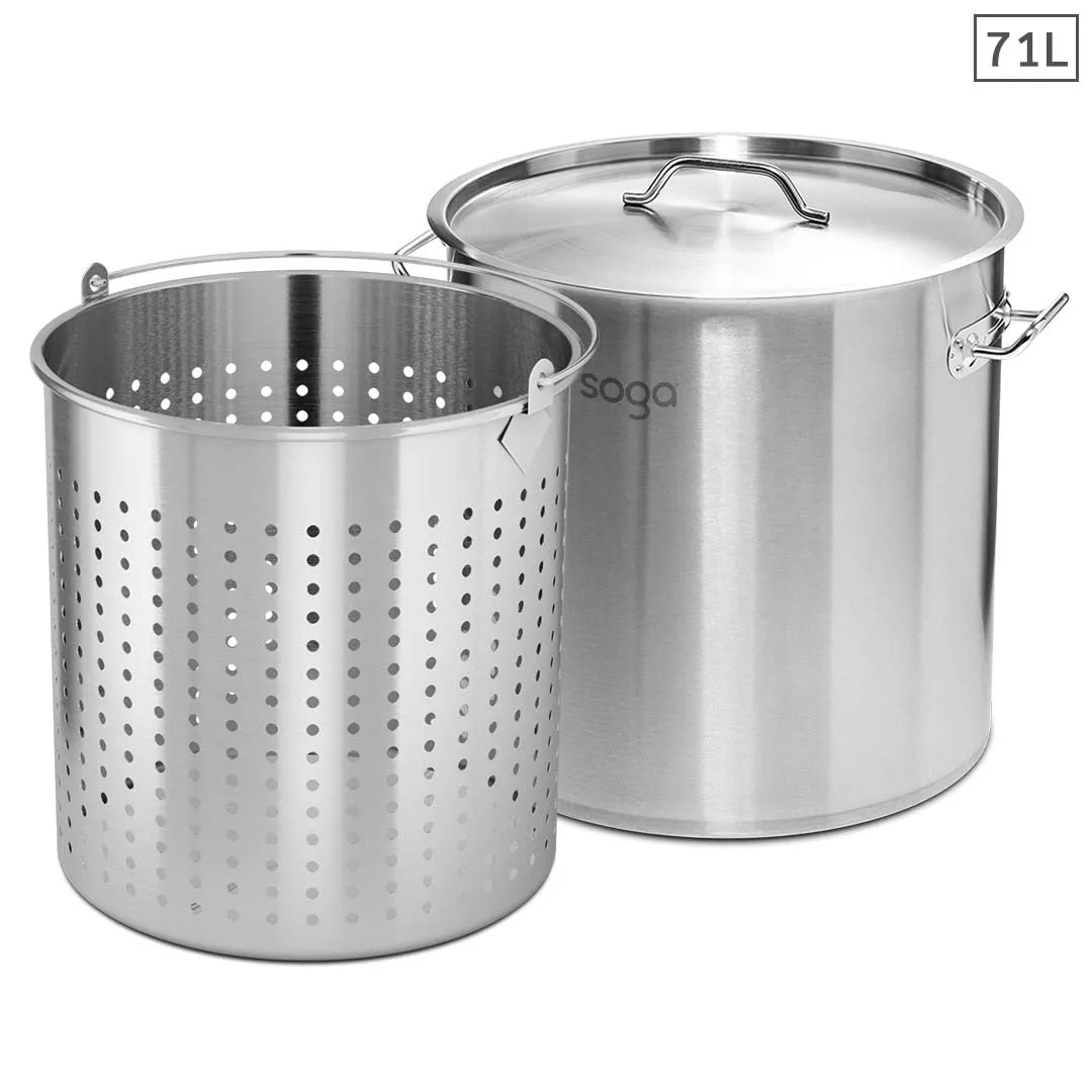 SOGA 71L 18/10 Stainless Steel Stockpot with Perforated Stock pot Basket Pasta Strainer