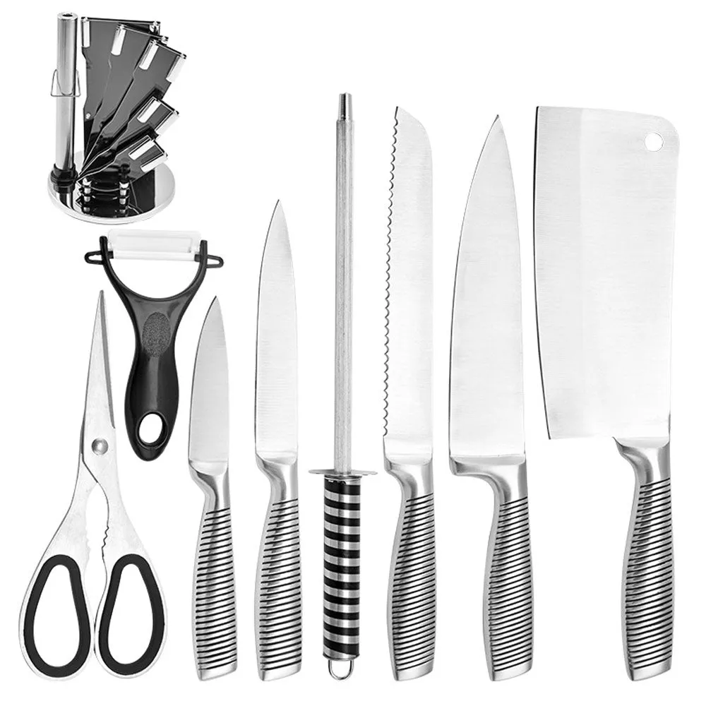 Stainless Steel 9PC Kitchen Chef Knife Block Set Knives Scissor Sharpener AU