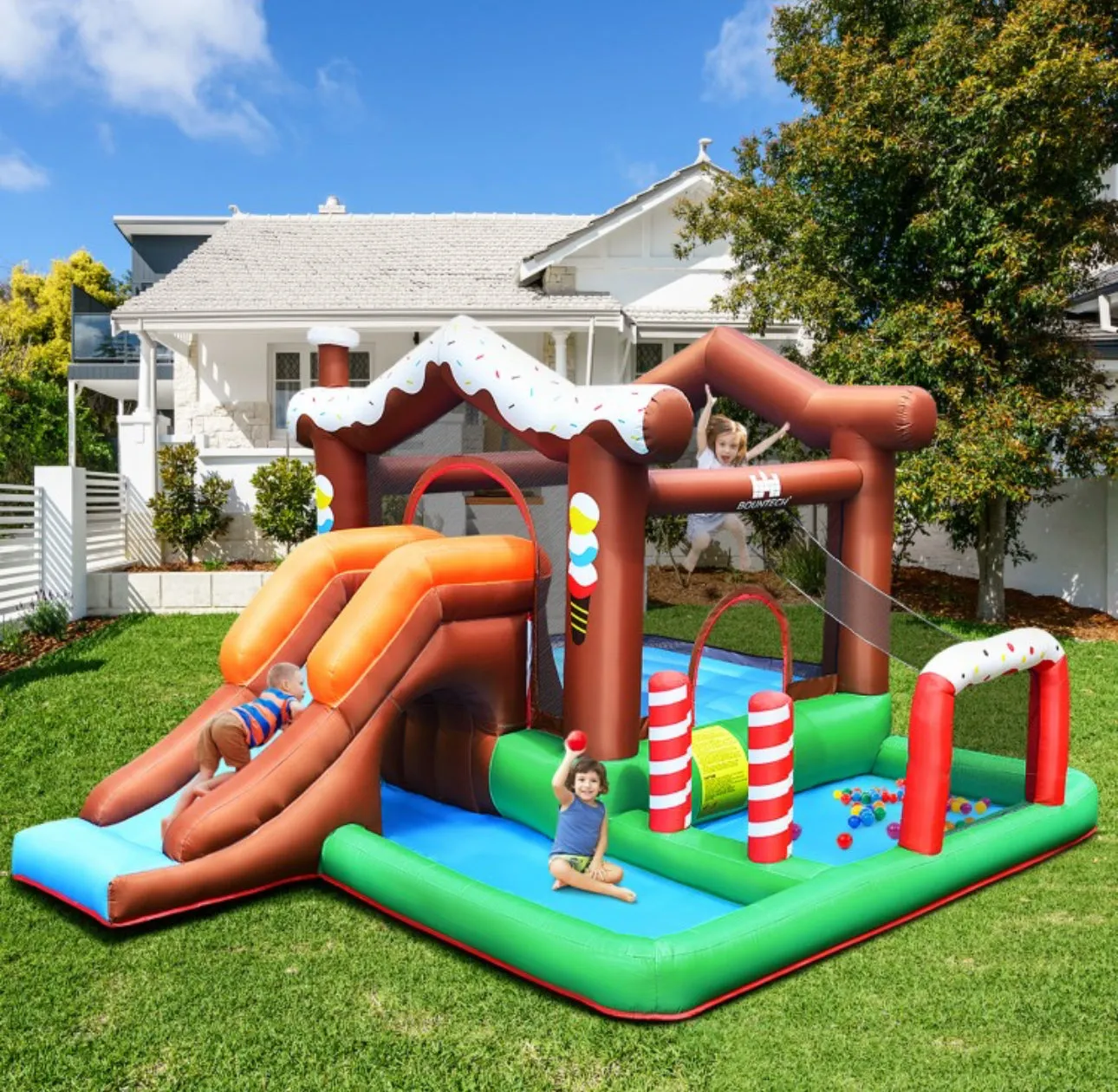 Super Cool Fun Kids Inflatable Bouncy House Jumping Castle Slide Climber Bouncer With 550W Blower | Holds 120Kg | Kids Party | Camping | Climbing Wall | Basketball Hoop