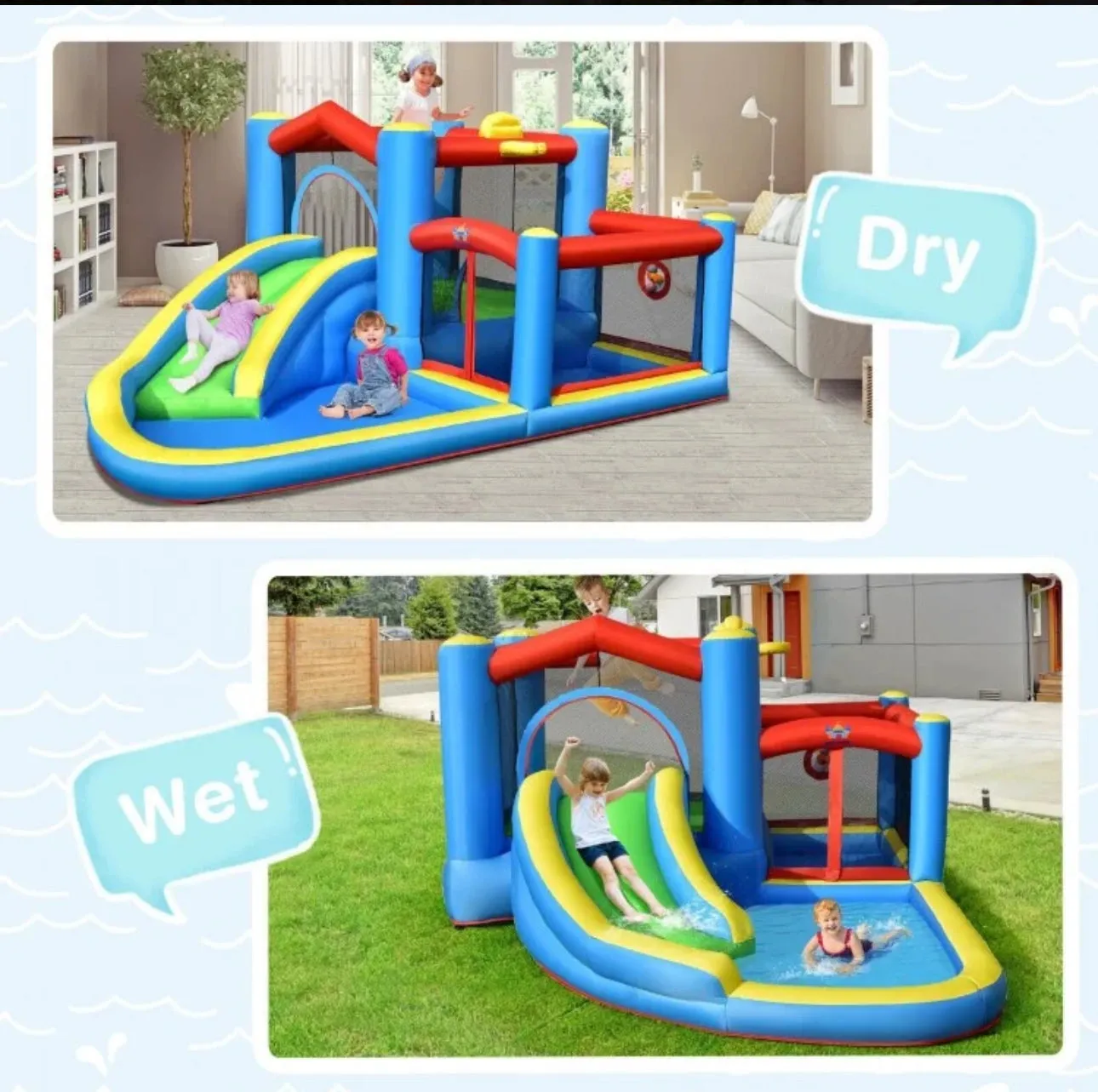 Super Cool Indoor Or Outdoor Inflatable Water Slide Jump Bouncy Castle With Powerful 480W Blower | Easy Set Up / Take Down | High Quality | Carrying Bag