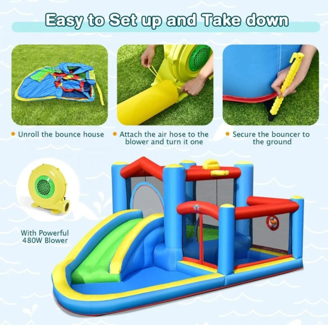 Super Cool Indoor Or Outdoor Inflatable Water Slide Jump Bouncy Castle With Powerful 480W Blower | Easy Set Up / Take Down | High Quality | Carrying Bag