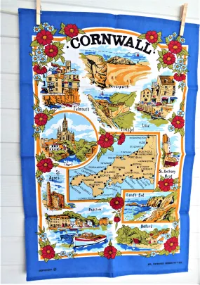 Tea Towel Cornwall Blue Border Map Villages 1980s Looe Truro Falmouth