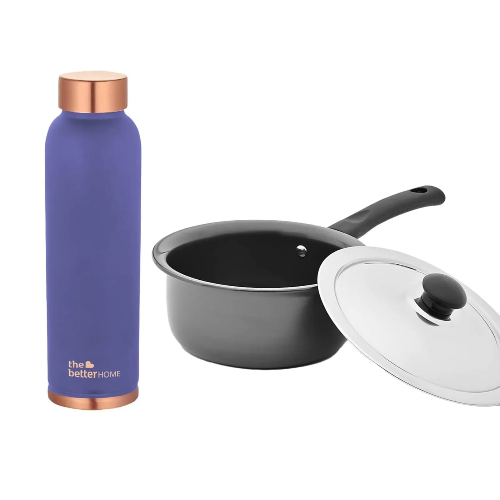 The Better Home 100% Pure Copper Water Bottle 1 Litre, Teal & Savya Home HA Saucepan with Stainless Steel Lid, Stove & Induction Cookware (16cm, 1 Litre) (Purple)