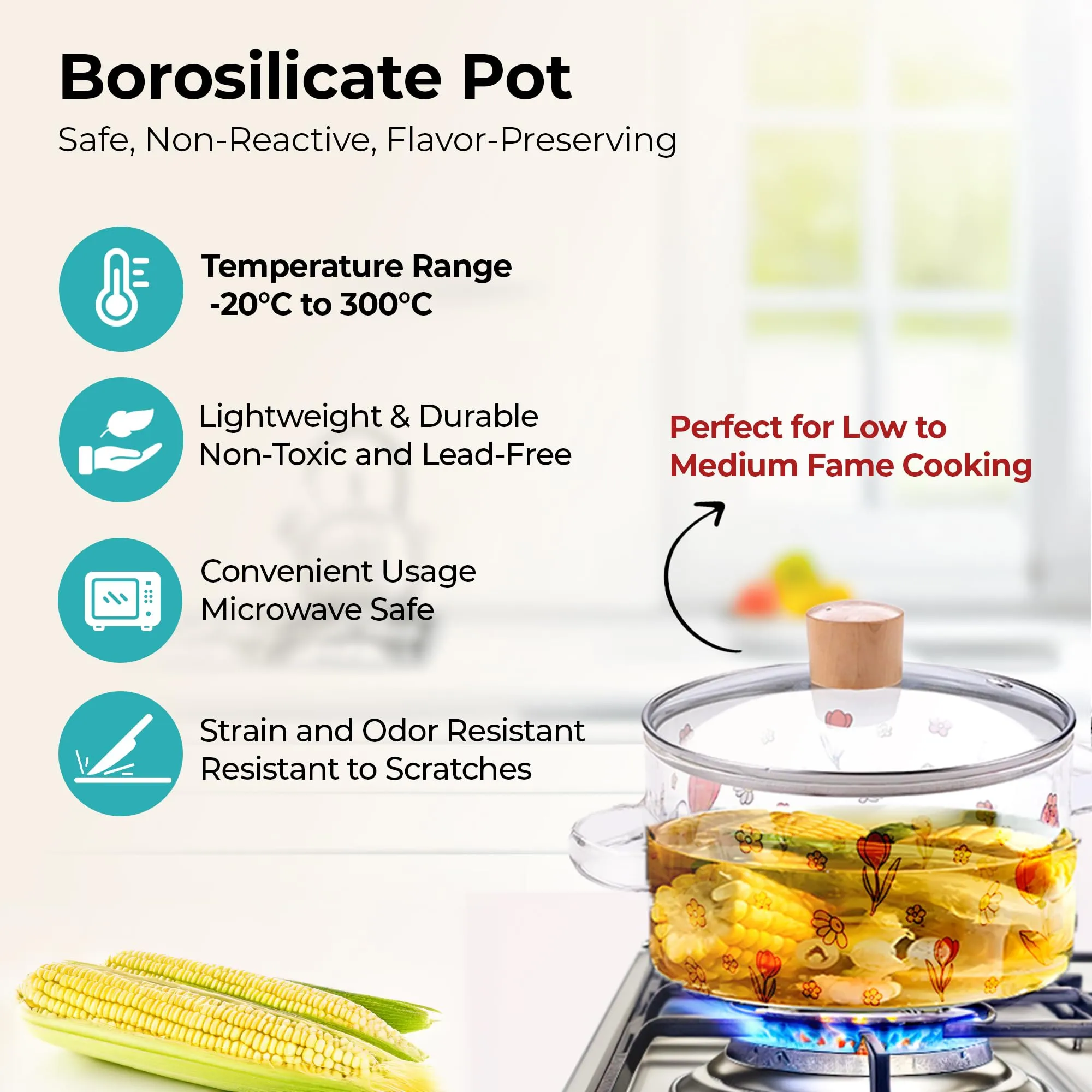 The Better Home zeno Borosilicate Glass Cookware for Gas Stove (1.45L) Tope with Lid & Handle | Handi Casserole | Small Milk/Tea Pan | Patila for Boiling | Housewarming Gifts (Red Yellow)