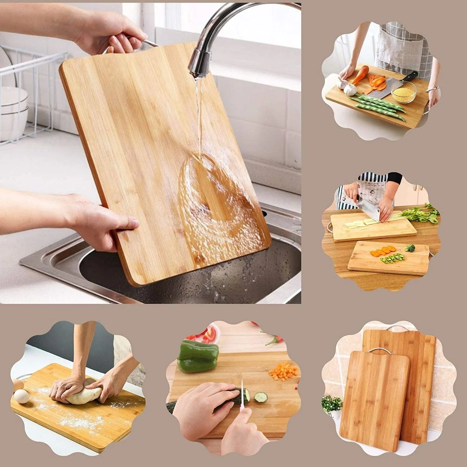 Thick Wooden Bamboo Kitchen Chopping Cutting Slicing Board with Holder for Fruits Vegetables Meat