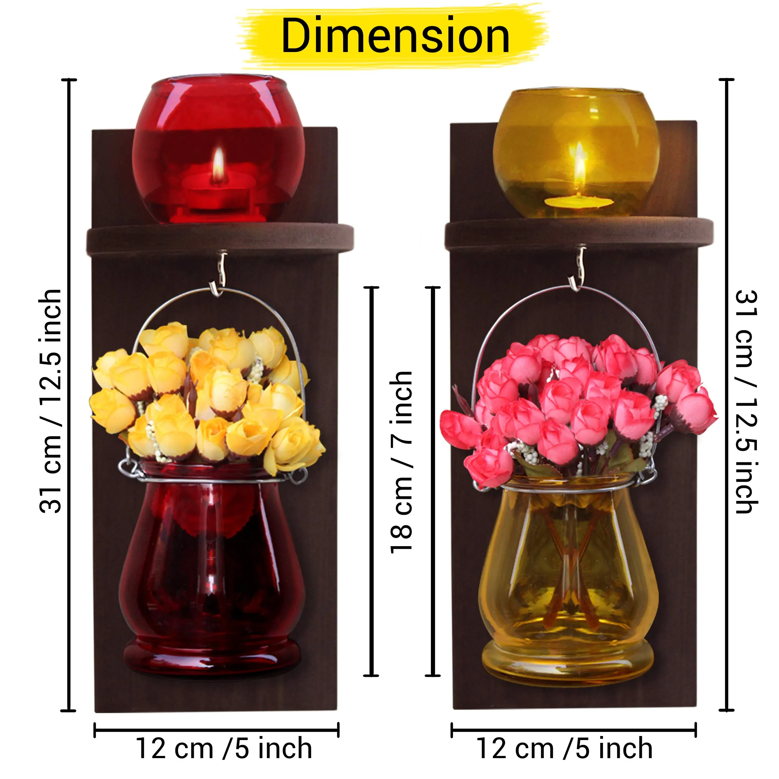 TIED RIBBONS Wall Hanging Wood Shelf with Glass Vase and Flower Bunch, Votive Candle Holder for Home Bedroom Livin Room Balcony Decoration (Pack of 2)