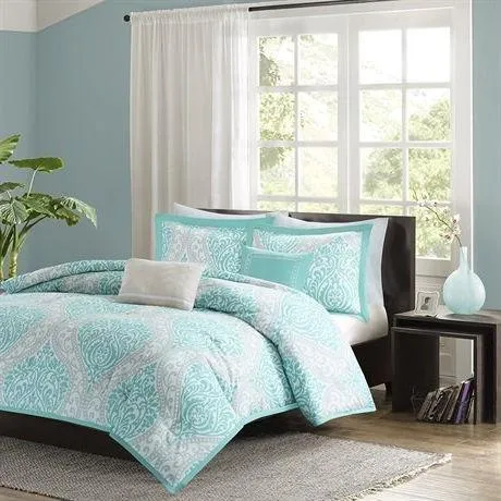 Twin - Twin XL Aqua Teal Turquoise Blue White Modern Damask Comforter Set