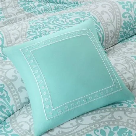 Twin - Twin XL Aqua Teal Turquoise Blue White Modern Damask Comforter Set