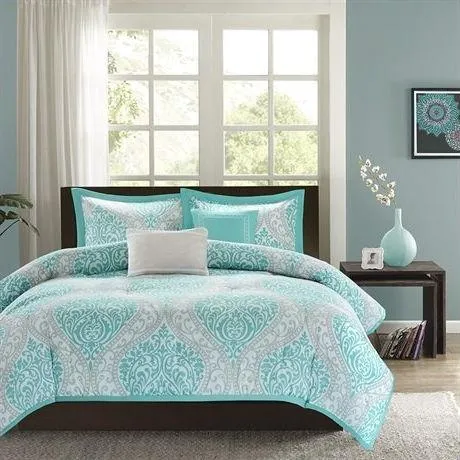 Twin - Twin XL Aqua Teal Turquoise Blue White Modern Damask Comforter Set