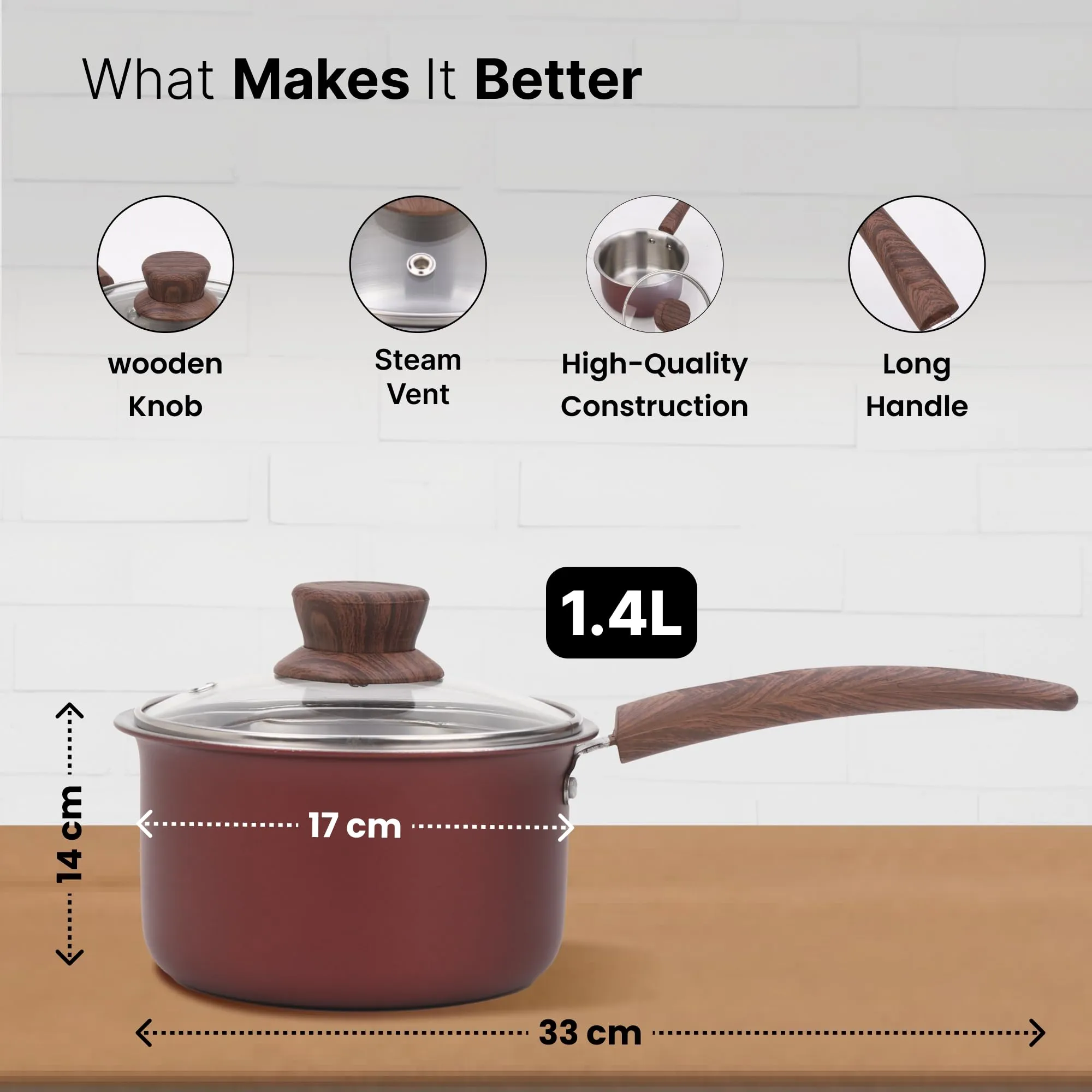 UMAI 2.5mm Triply Saucepan (16cm - 1.4 L) with Glass Lid | Long Handle | Induction and Gas Friendly | Milk Pan | Tea Pan | Chai Patila | Small Pan | Saucepan for Tea | Cooking & Boiling Pan (Red)