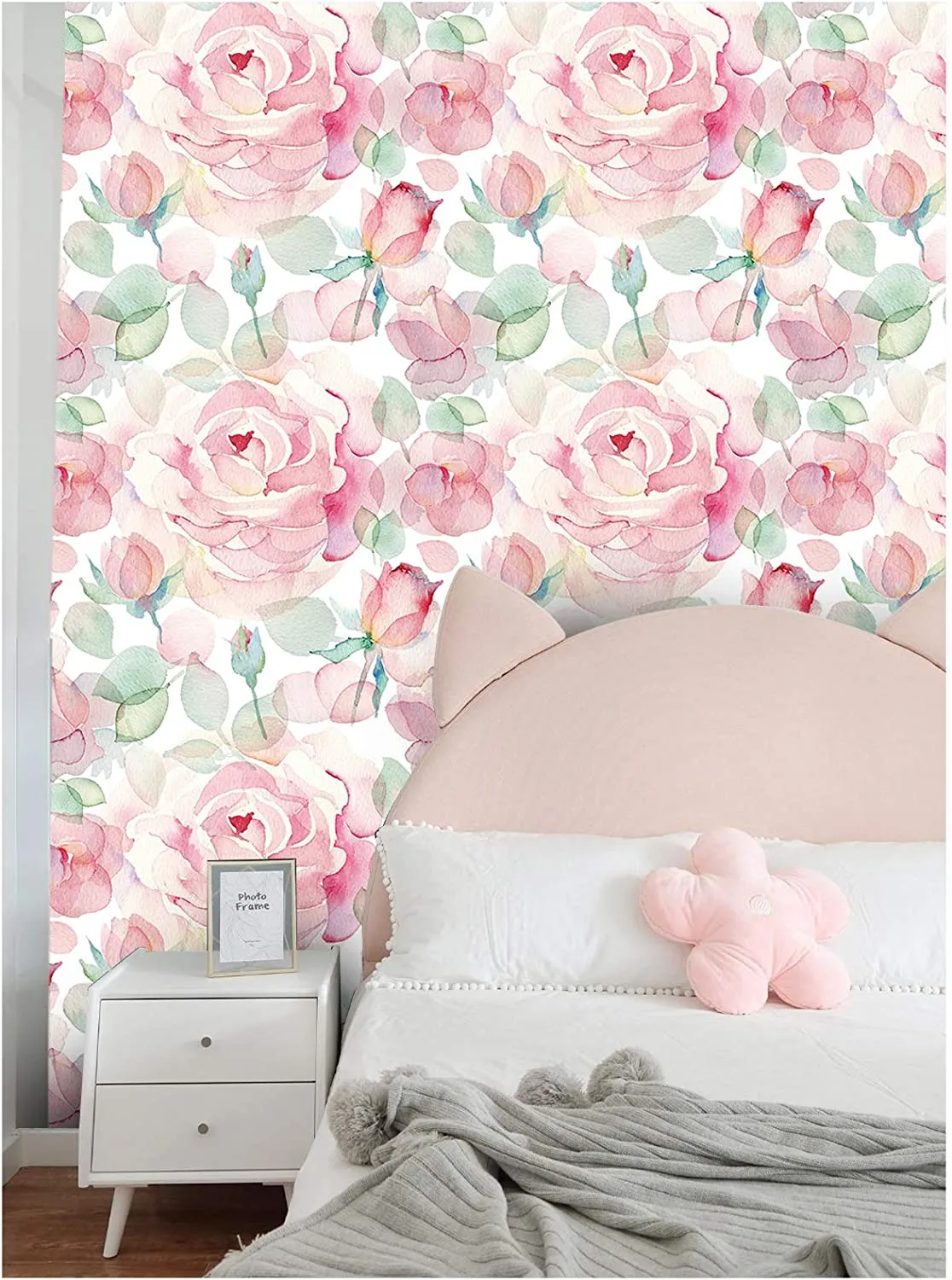 Wallpaper Floral Watercolor Pink/White/Green  17.7in x 9.8ft