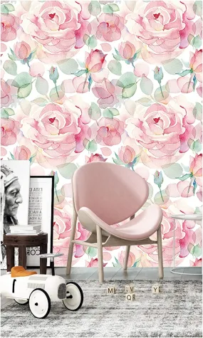 Wallpaper Floral Watercolor Pink/White/Green  17.7in x 9.8ft