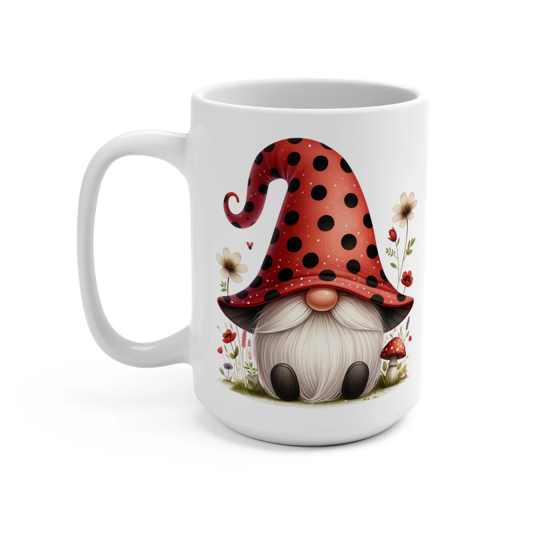 Whimsical Garden Gnome Mug, Red Polka Dot Hat, Cute Floral Coffee Cup, Unique Gift Idea, Mug 15oz